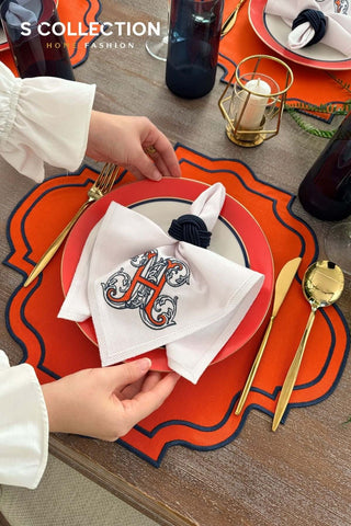 Alphabet H Orange Embroidered Placemat Set, 18 Pieces for 6