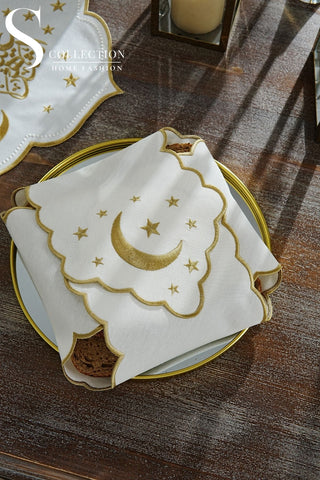 طقم مفارش سفرة كامل رمضان شيك مطرّز بالذهبي – 26 قطعة لـ 6 أشخاص