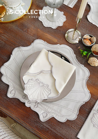 Marine Silver Embroidered Placemat Set, 24 Pieces for 6