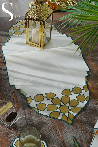 Ramadan Dome Green & Gold Embroidered Full Placemat Set, 26 Pieces for 6