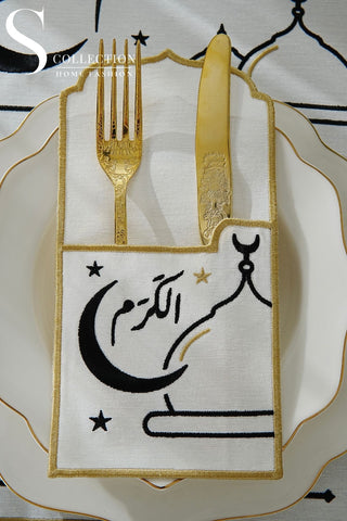 Ramadan Hilal Black & Gold Embroidered Placemat Set, 12 Pieces for 6