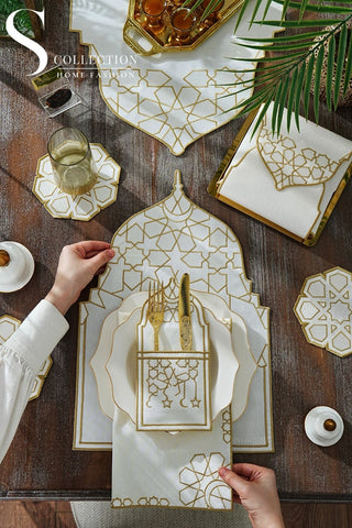 Ramadan Dome Gold & Off White Embroidered Full Placemat Set, 26 Pieces for 6