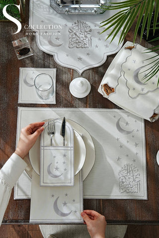 Ramadan Glamorous Silver Embroidered Full Placemat Set, 26 Pieces for 6