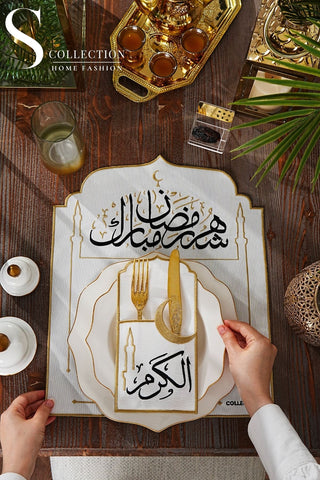 Ramadan Hams Black & Gold Embroidered Placemat Set, 12 Pieces for 6