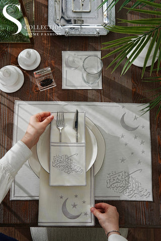 Ramadan Stellar Serenity Silver Embroidered Placemat Set, 24 Pieces for 6