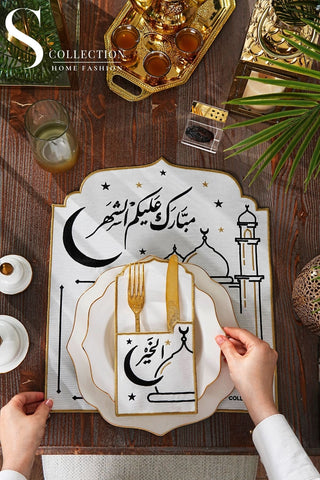 Ramadan Hilal Black & Gold Embroidered Placemat Set, 12 Pieces for 6