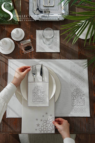 Ramadan Chic Silver Embroidered Placemat Set, 24 Pieces for 6