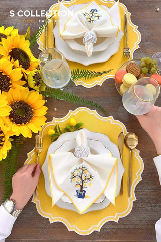 Camila Yellow Embroidered Placemat Set, 18 Pieces for 6