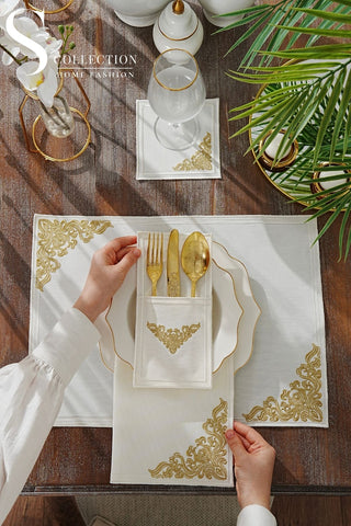 Evelyn Gold Embroidered Placemat Set, 24 Pieces for 6