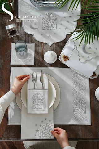 Ramadan Chic Silver Embroidered Full Placemat Set, 26 Pieces for 6
