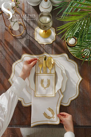 Laurel Wreath Gold Embroidered Placemat Set, 24 Pieces for 6