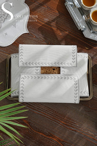 Leafy Allure Design Bread Basket Napkin - Waterproof Fabric - Silver Embroidered