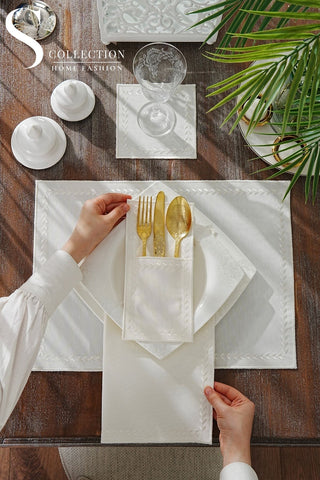 Leafy Allure Cornered Off White Embroidered Placemat Set, 24 Pieces for 6