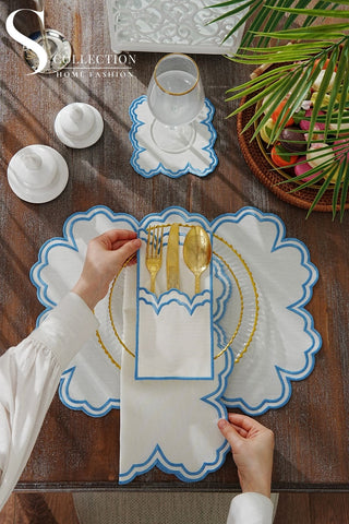 Cloud Light Blue Embroidered Placemat Set, 24 Pieces for 6