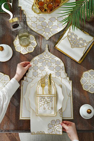 Ramadan Dome Silver & Gold Embroidered Full Placemat Set, 26 Pieces for 6