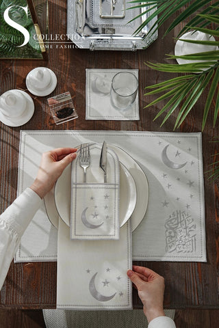 Ramadan Glamorous Silver Embroidered Placemat Set, 24 Pieces for 6