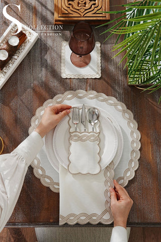 Ocean Braid Cappuccino Embroidered Placemat Set, 24 Pieces for 6