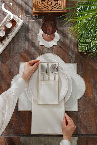 Milan Off White & Cappuccino Embroidered Placemat Set, 24 Pieces for 6