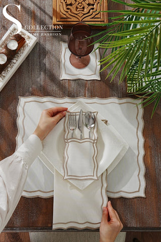 Leo Cappuccino Embroidered Placemat Set, 24 Pieces for 6