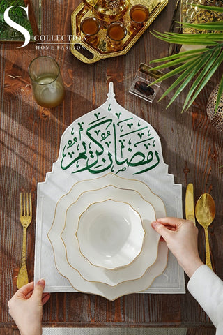 Ramadan Qubba Green & Off White Embroidered Placemats, 12 Pieces for 12