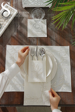 Flower Off White & Silver Embroidered Placemat Set, 24 Pieces for 6