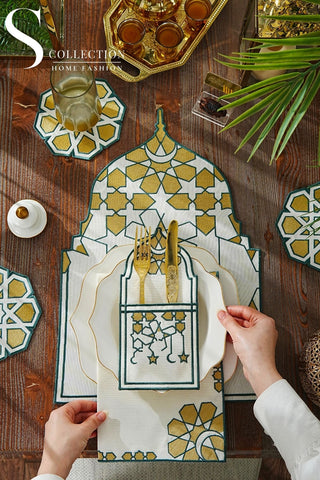 Ramadan Dome Green & Gold Embroidered Placemat Set, 24 Pieces for 6