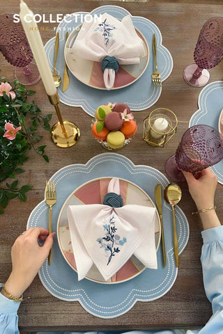 Floria Light Blue Embroidered Placemat Set, 18 Pieces for 6