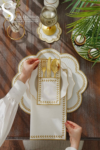 Leafy Allure Gold Embroidered Placemat Set, 24 Pieces for 6