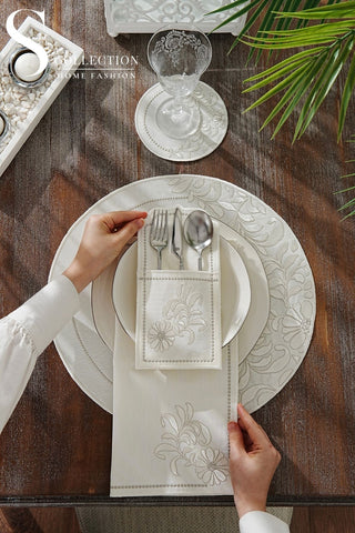 Magnolia Magic Silver & Off White Embroidered Placemat Set, 24 Pieces for 6