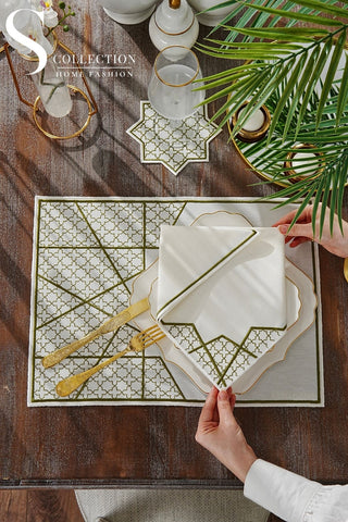 Rimal Olive Green Embroidered Placemat Set, 18 Pieces for 6
