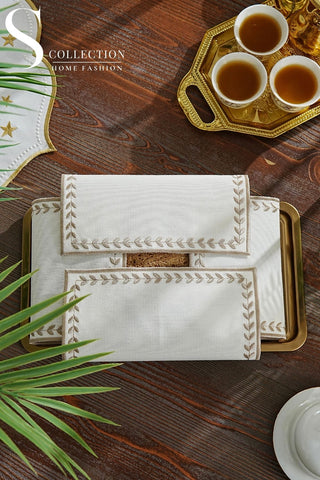 Leafy Allure Design Bread Basket Napkin - Waterproof Fabric - Cappuccino Embroidered