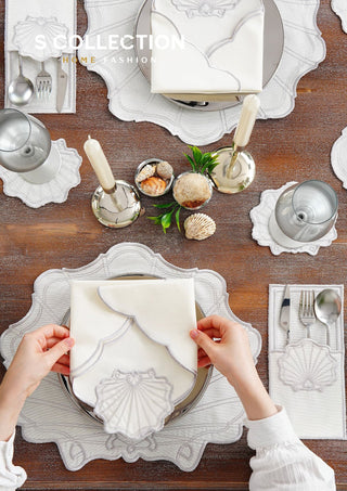 Marine Silver Embroidered Placemat Set, 24 Pieces for 6