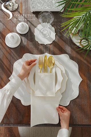 Laurel Wreath Off White Embroidered Placemat Set, 24 Pieces for 6