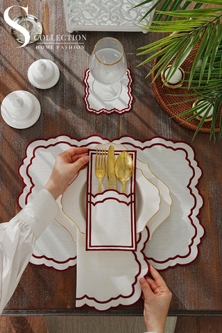 Gabriel Burgundy Embroidered Placemat Set, 24 Pieces for 6