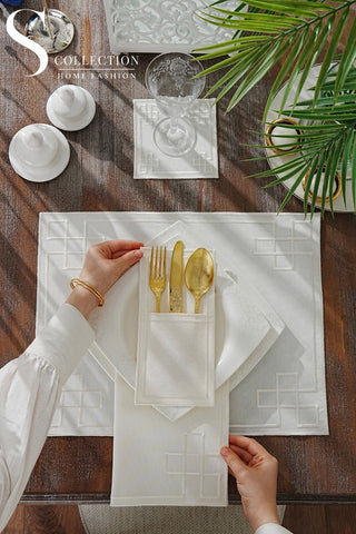 Classy Off White Embroidered Placemat Set, 24 Pieces for 6
