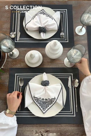 Silva Dark Grey Embroidered Placemat Set, 18 Pieces for 6
