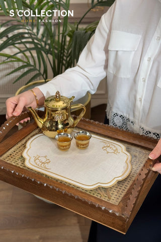 Orchid Design Tray Cover - %100 Linen Fabric - Gold Embroidered