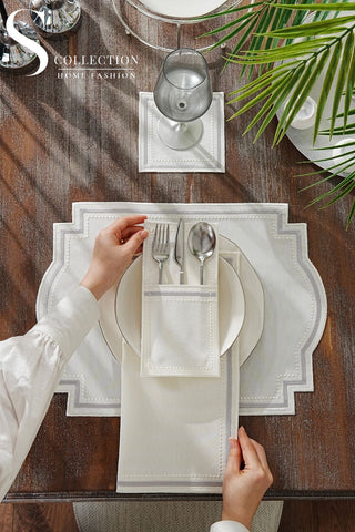 Graceful Silver Embroidered Placemat Set, 24 Pieces for 6