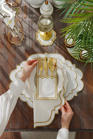 Clara Gold Embroidered Placemat Set, 24 Pieces for 6