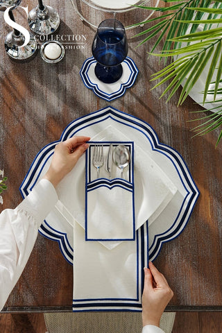 Moonrise Blue Embroidered Placemat Set, 24 Pieces for 6