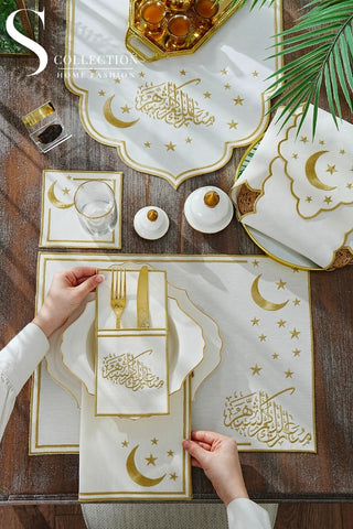 Ramadan Stellar Serenity Gold Embroidered Full Placemat Set, 26 Pieces for 6