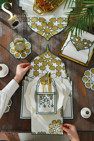 Ramadan Dome Green & Gold Embroidered Full Placemat Set, 26 Pieces for 6