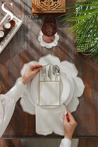 Valeria Off White & Cappuccino Embroidered Placemat Set, 24 Pieces for 6