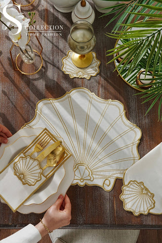 Marine Gold Embroidered Placemat Set, 24 Pieces for 6