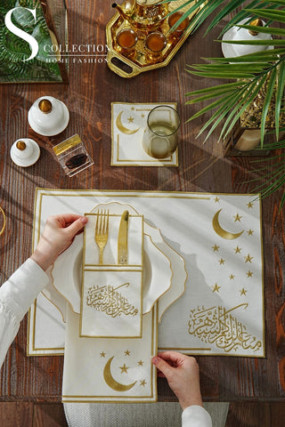 Ramadan Stellar Serenity Gold Embroidered Placemat Set, 24 Pieces for 6