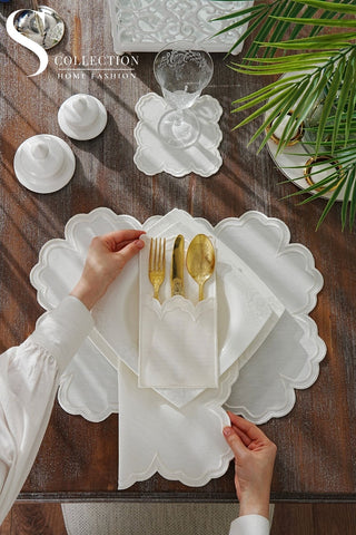 Cloud Off White Embroidered Placemat Set, 24 Pieces for 6