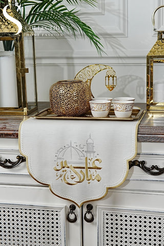 Eid Mubarak Mosque Design Runner - Waterproof Fabric - Gold and Silver Embroidered