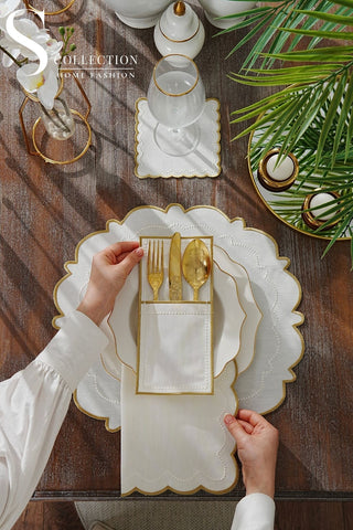 Tansy Gold & Off White Embroidered Placemat Set, 24 Pieces for 6