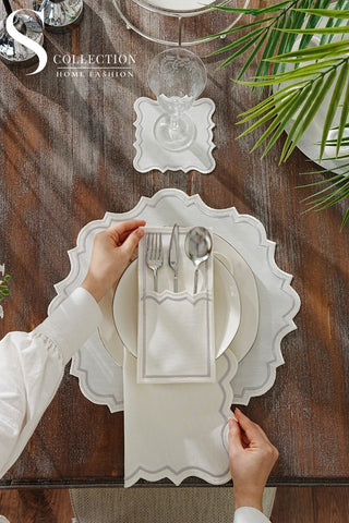 Camila Silver & Off White Embroidered Placemat Set, 24 Pieces for 6
