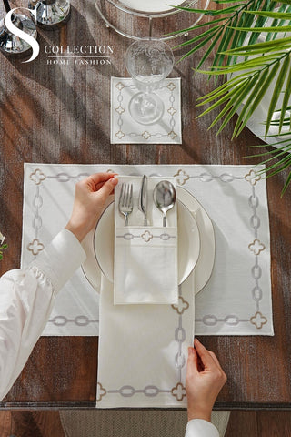 Cadena Silver & Cappuccino Embroidered Placemat Set, 24 Pieces for 6